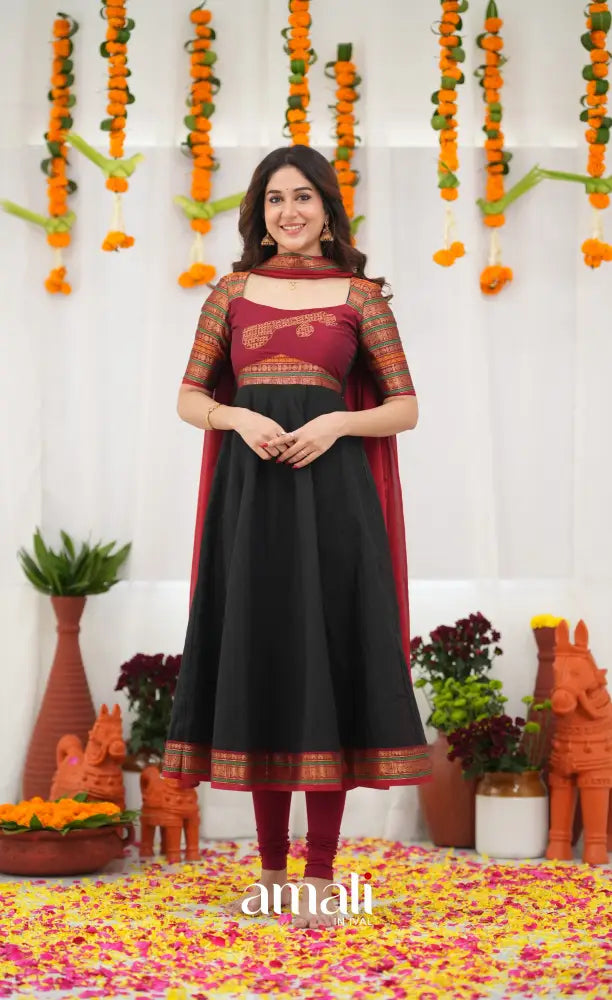 Chettinad Cotton Anarkali - Black and Maroonish Red Anarkalis