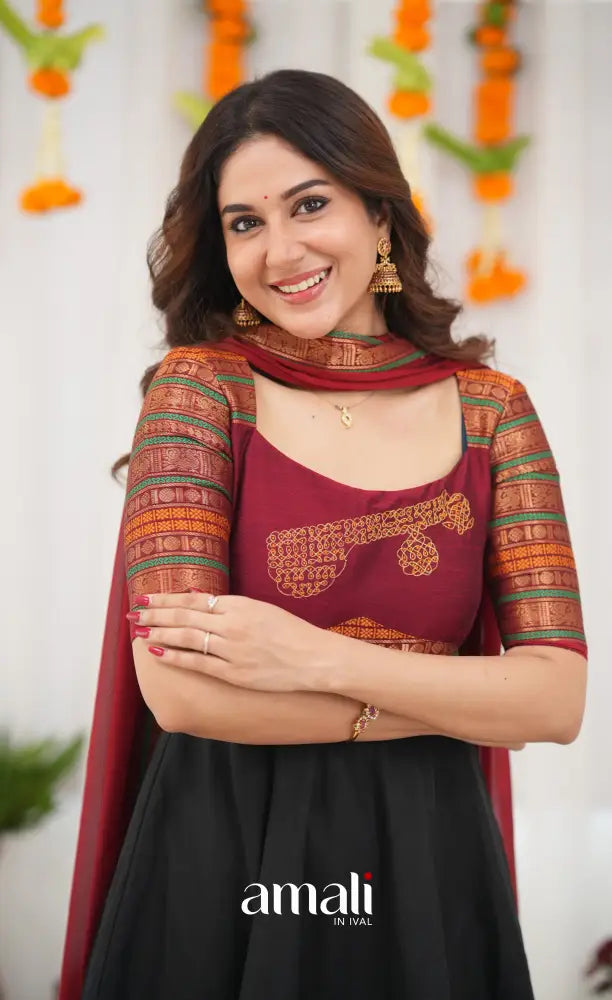 Chettinad Cotton Anarkali - Black and Maroonish Red Anarkalis