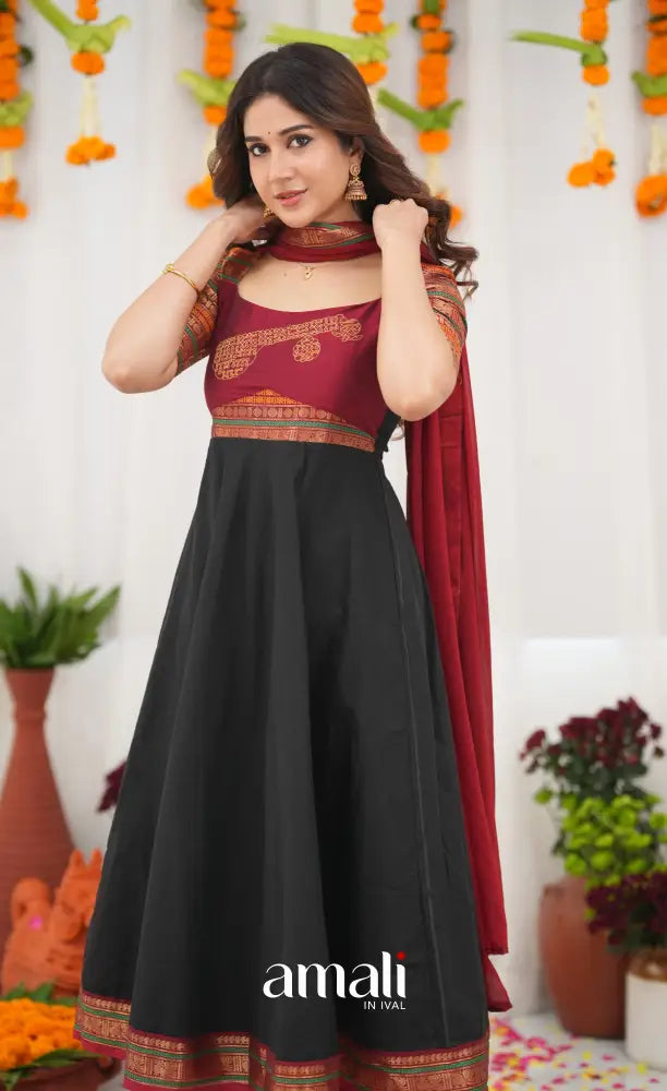 fitted lace wedding dress Black & Red Anarkali Dress – Shovai.com main image 0