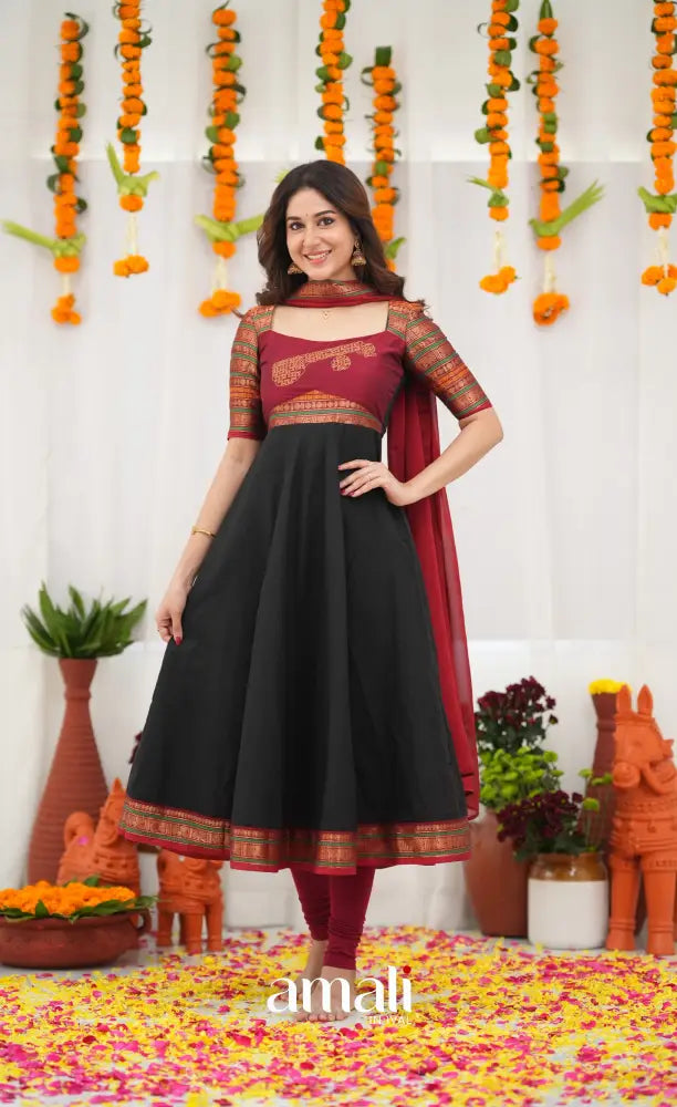 Chettinad Cotton Anarkali - Black and Maroonish Red