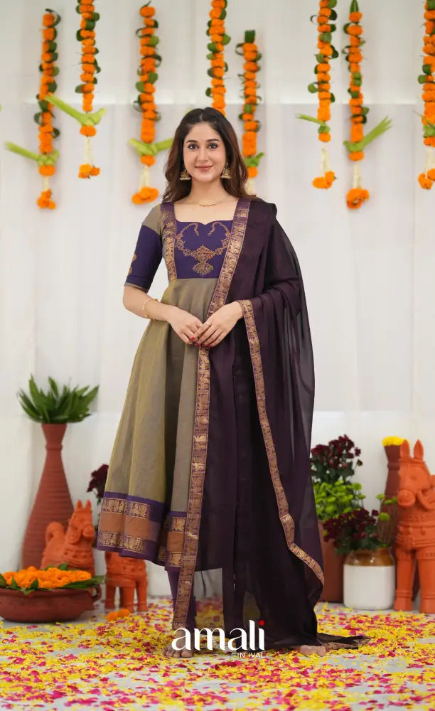 Chettinad Cotton Anarkali - Brownish Grey and Dark Plum Anarkalis