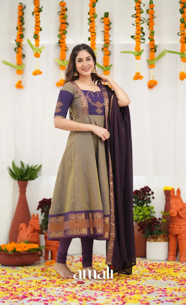 Chettinad Cotton Anarkali - Brownish Grey and Dark Plum Anarkalis