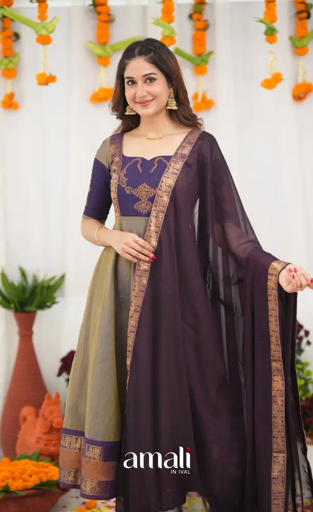 Chettinad Cotton Anarkali - Brownish Grey and Dark Plum Anarkalis