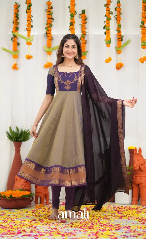 Chettinad Cotton Anarkali - Brownish Grey and Dark Plum Anarkalis