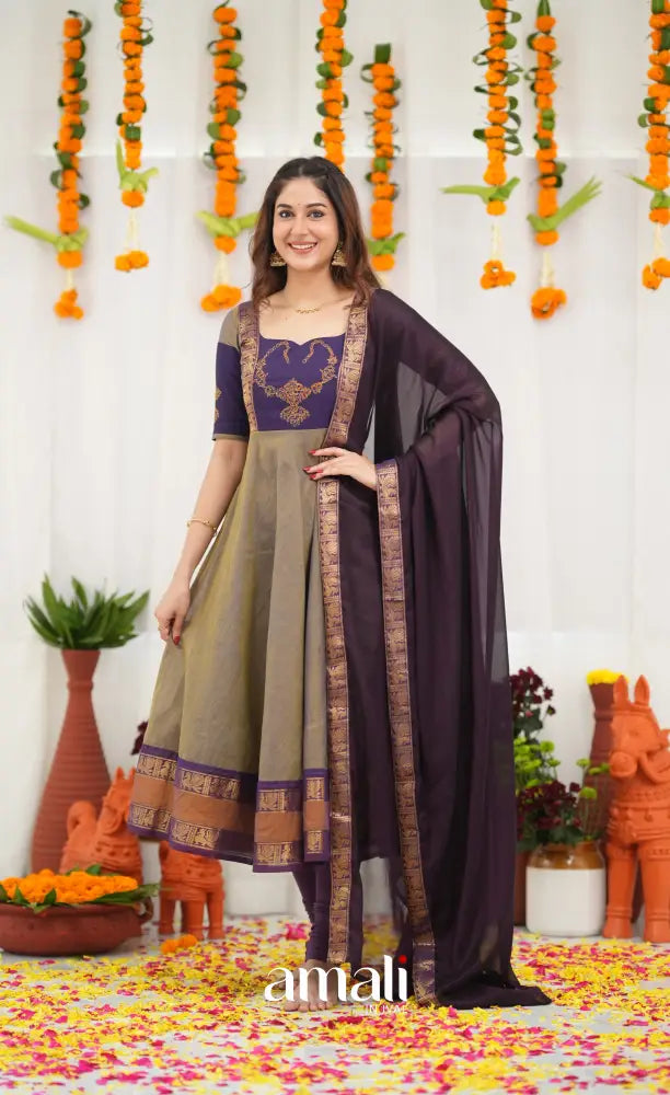 Chettinad Cotton Anarkali - Brownish Grey and Dark Plum Anarkalis