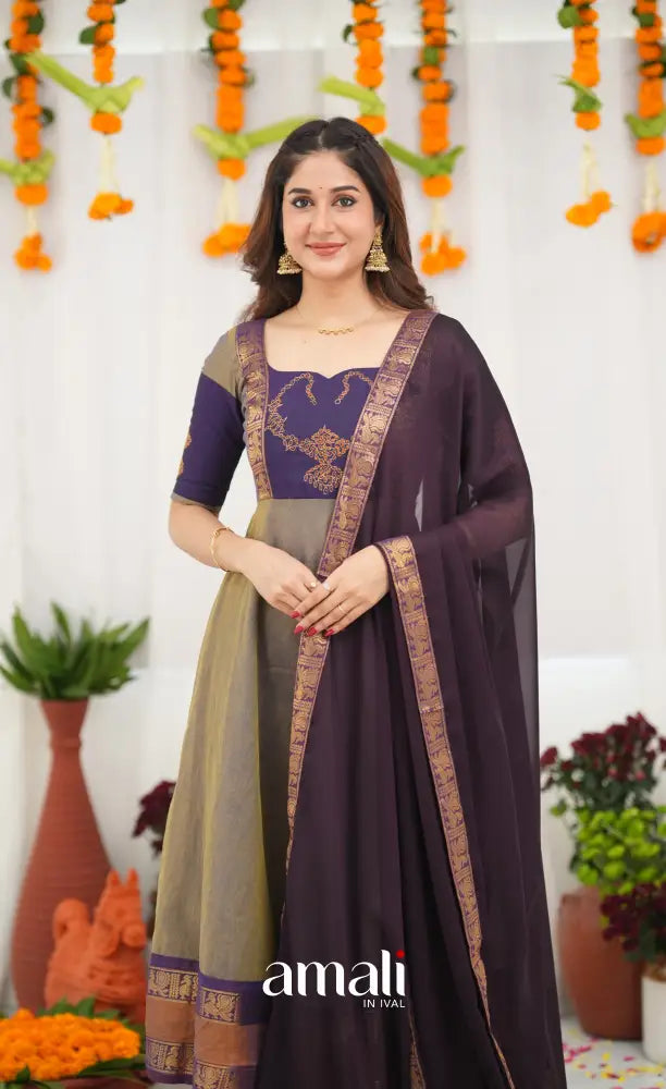 Chettinad Cotton Anarkali - Brownish Grey and Dark Plum Anarkalis