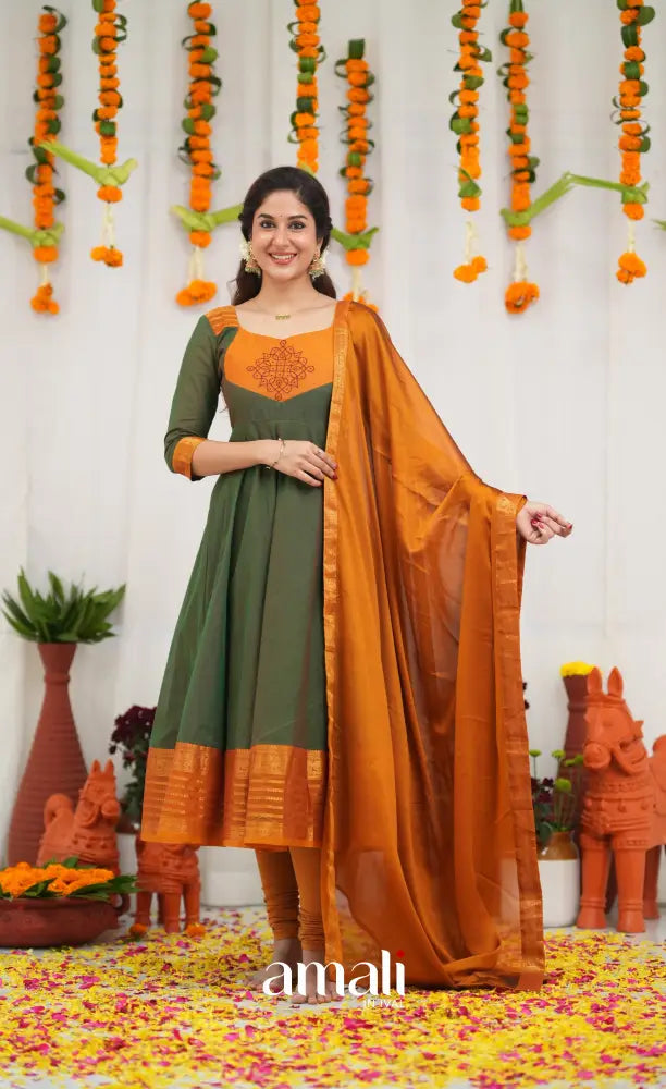 Chettinad Cotton Anarkali - Dark Green and Mustard Orange Anarkalis