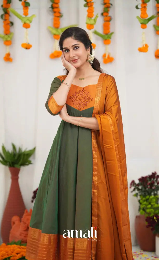 Chettinad Cotton Anarkali - Dark Green and Mustard Orange Anarkalis