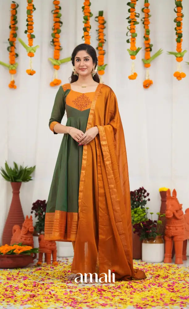 Chettinad Cotton Anarkali - Dark Green and Mustard Orange Anarkalis