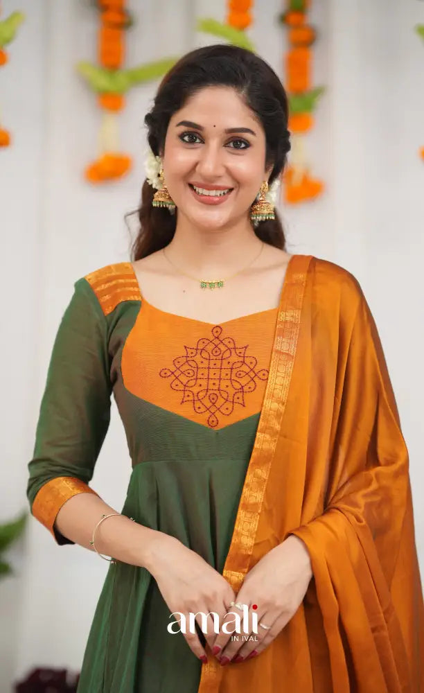 Chettinad Cotton Anarkali - Dark Green and Mustard Orange Anarkalis