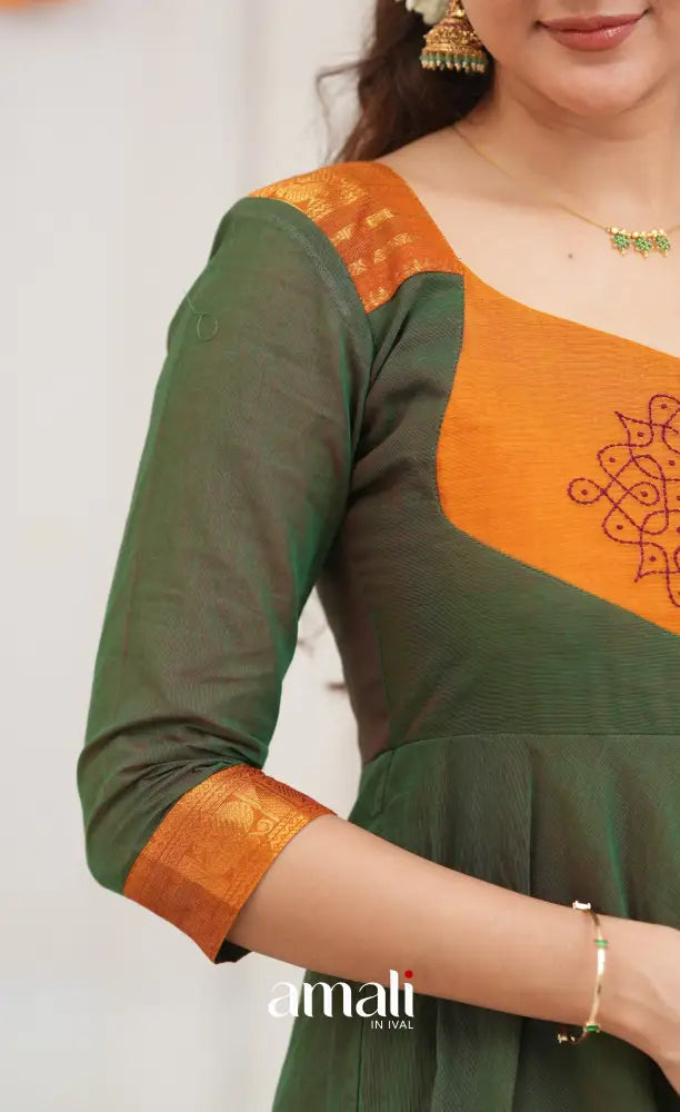 Chettinad Cotton Anarkali - Dark Green and Mustard Orange Anarkalis