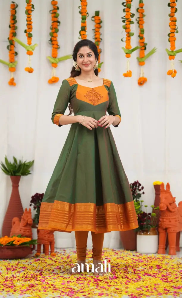 Chettinad Cotton Anarkali - Dark Green and Mustard Orange Anarkalis