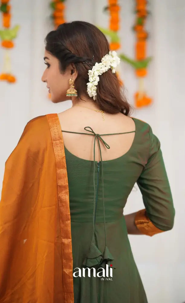 Chettinad Cotton Anarkali - Dark Green and Mustard Orange Anarkalis
