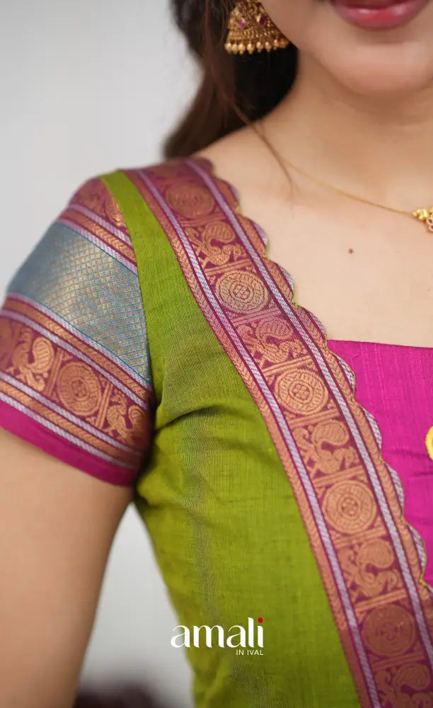 Chettinad Cotton Anarkali - Leaf Green and Magenta Pink Anarkalis