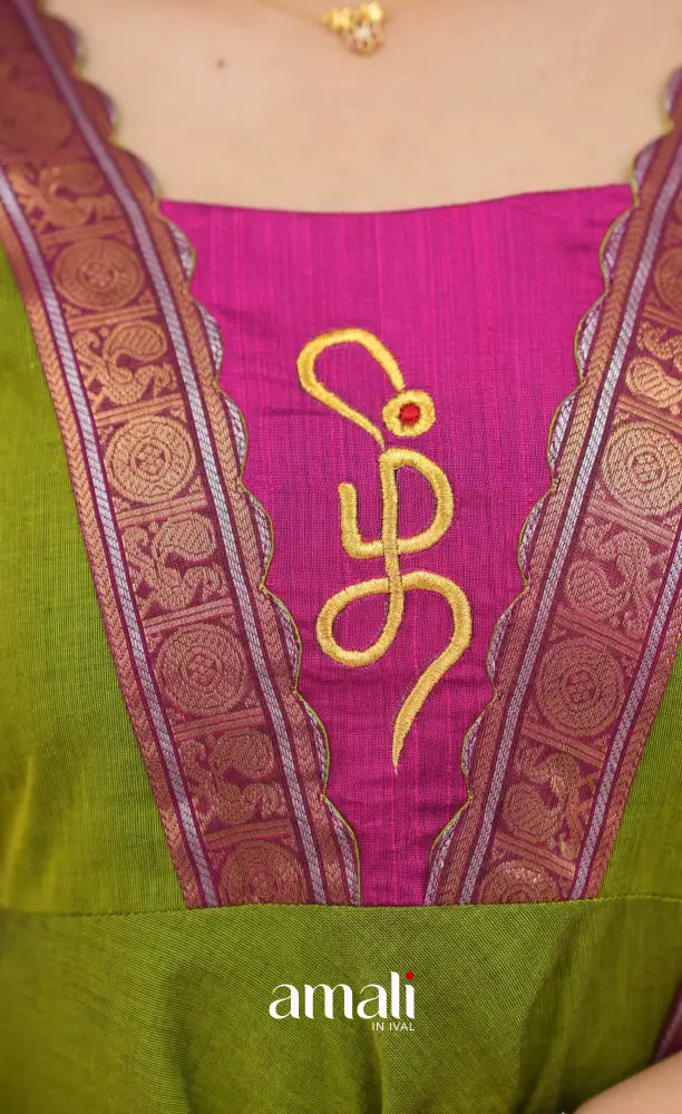 Chettinad Cotton Anarkali - Leaf Green and Magenta Pink Anarkalis