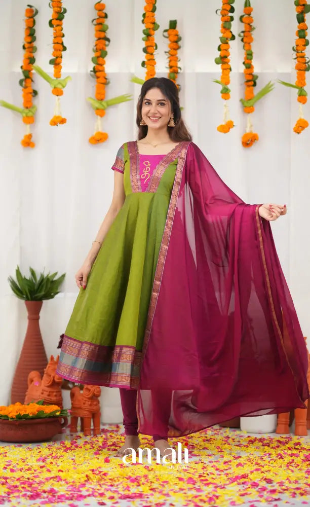 Chettinad Cotton Anarkali - Leaf Green and Magenta Pink Anarkalis
