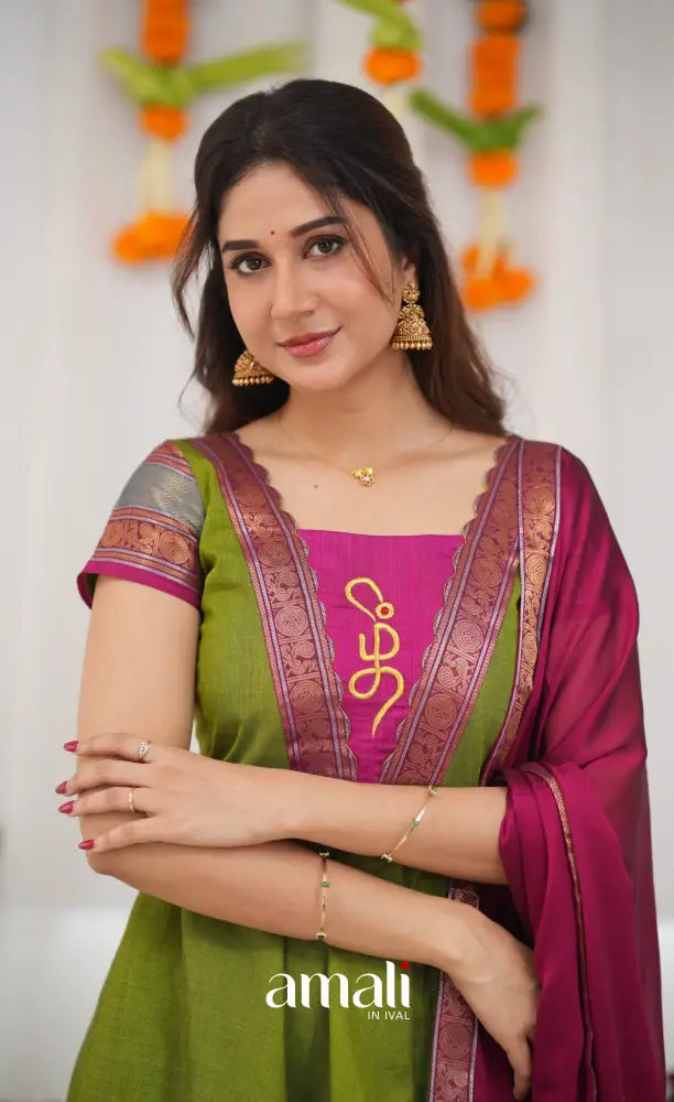 Chettinad Cotton Anarkali - Leaf Green and Magenta Pink Anarkalis