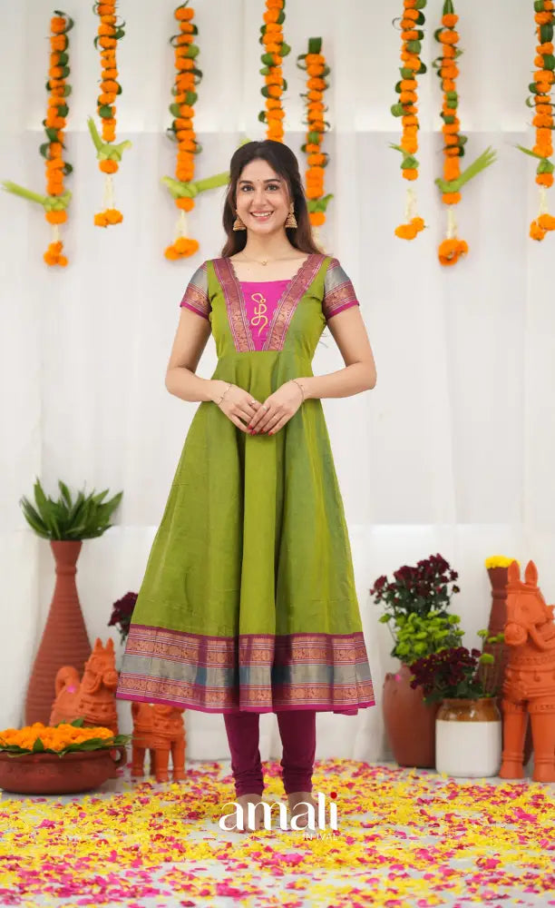 Chettinad Cotton Anarkali - Leaf Green and Magenta Pink 3XL Chettinad Cotton Anarkali - Leaf Green and Magenta Pink 3XL