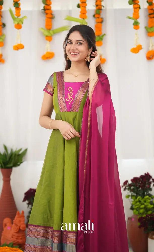 Chettinad Cotton Anarkali - Leaf Green and Magenta Pink Anarkalis