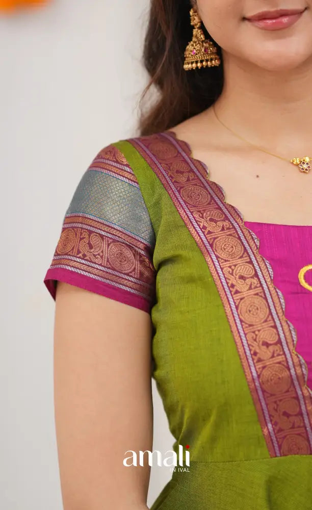 Chettinad Cotton Anarkali - Leaf Green and Magenta Pink Anarkalis