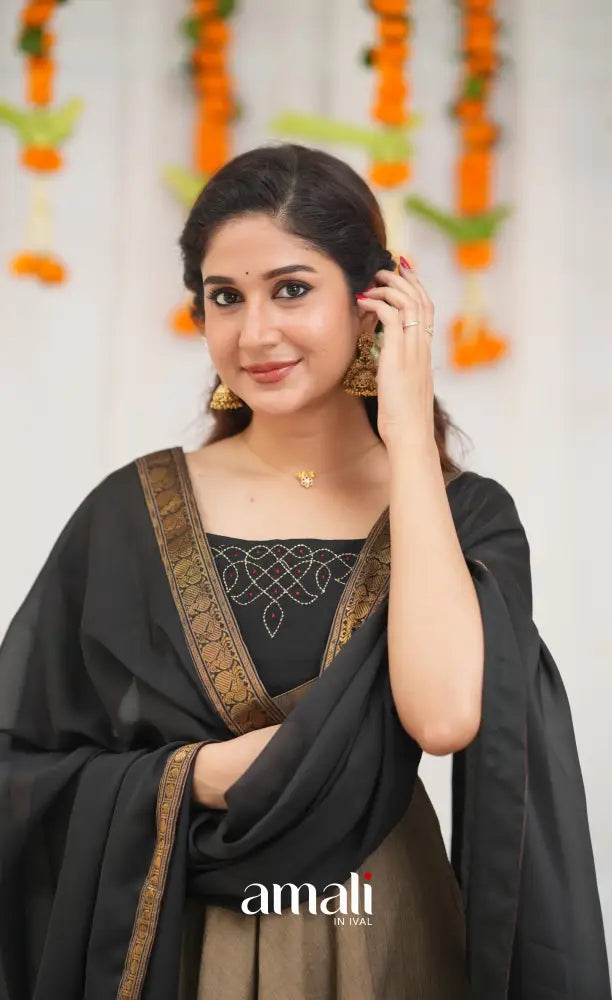 Chettinad Cotton Anarkali - Light greyish Brown and Black Anarkalis