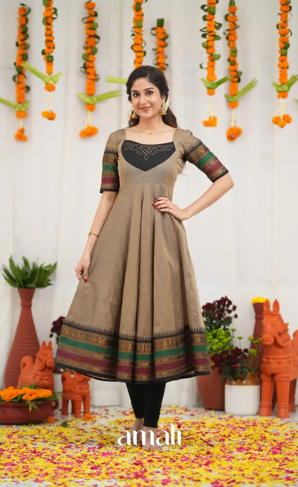 Chettinad Cotton Anarkali - Light greyish Brown and Black Anarkalis