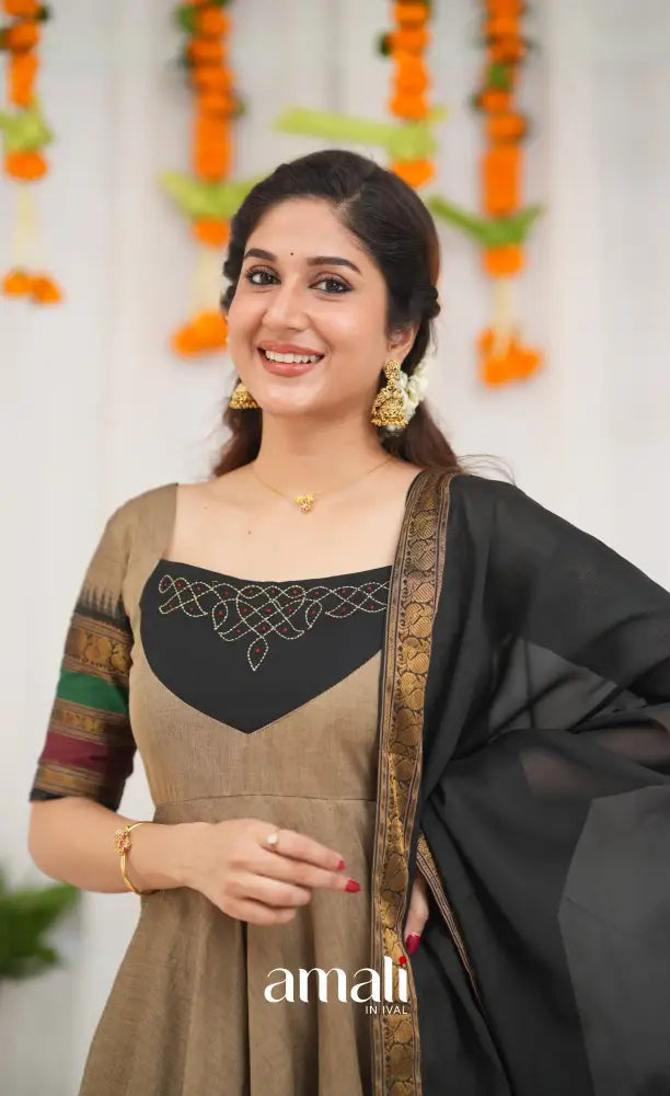 Chettinad Cotton Anarkali - Light greyish Brown and Black Anarkalis