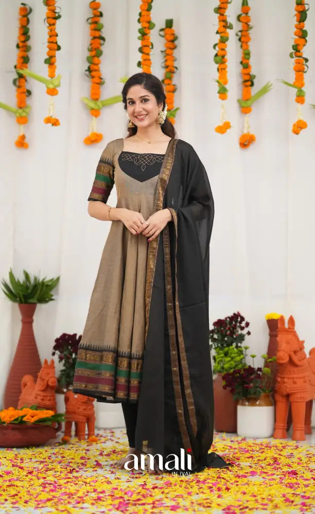 Chettinad Cotton Anarkali - Light greyish Brown and Black Anarkalis