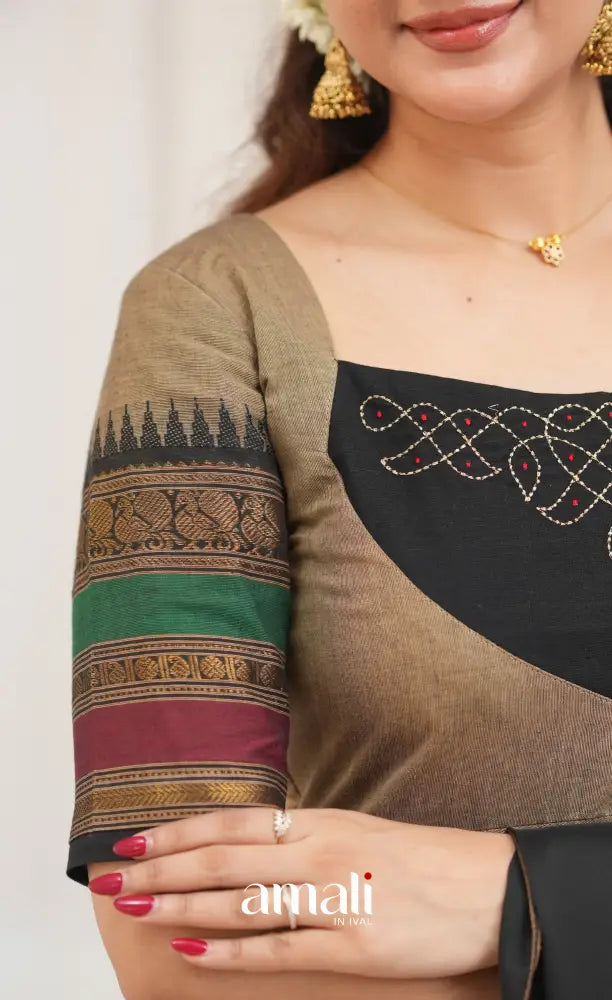 Chettinad Cotton Anarkali - Light greyish Brown and Black Anarkalis