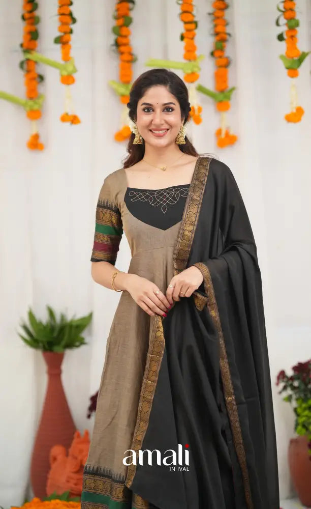 Chettinad Cotton Anarkali - Light greyish Brown and Black Anarkalis