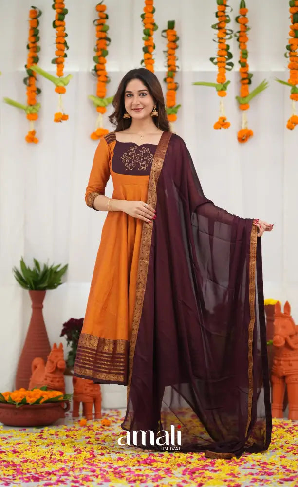 Chettinad Cotton Anarkali - Orange and Deep Wine Anarkalis