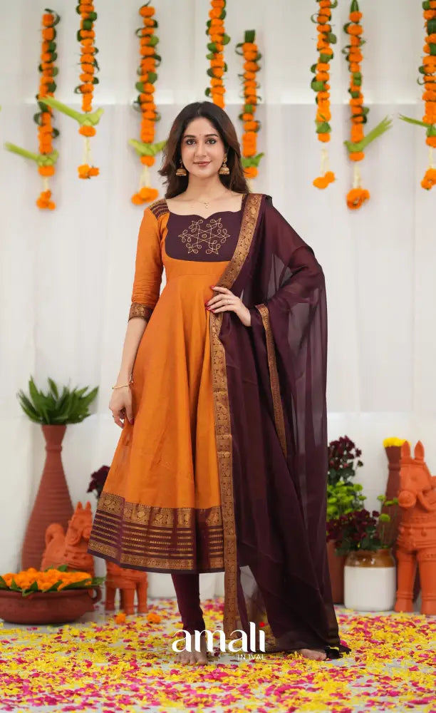 Chettinad Cotton Anarkali - Orange and Deep Wine Anarkalis