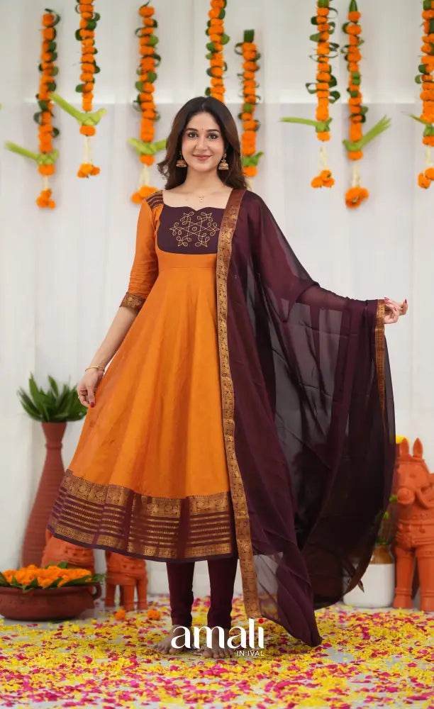 Chettinad Cotton Anarkali - Orange and Deep Wine Anarkalis