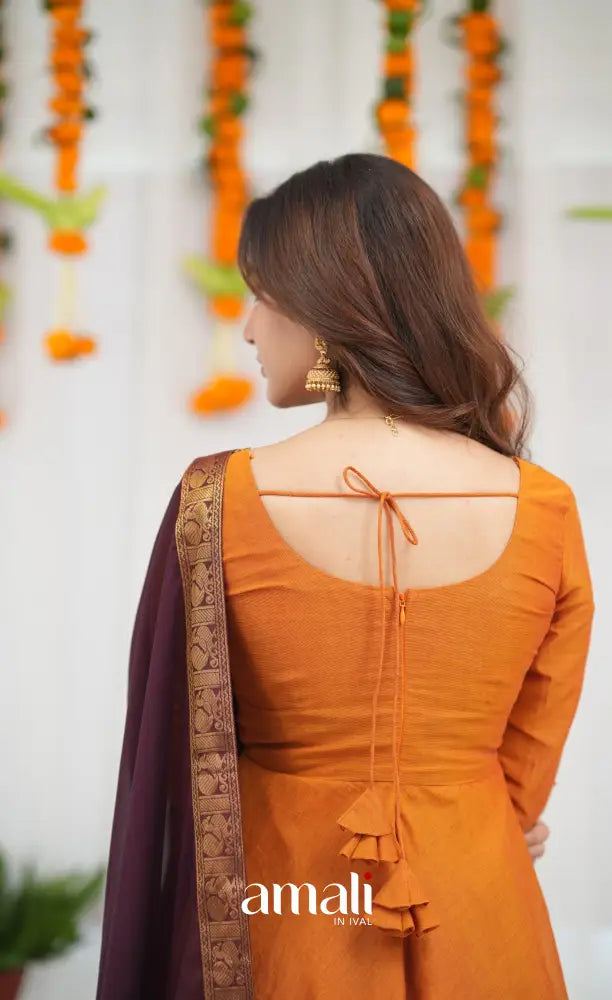 Chettinad Cotton Anarkali - Orange and Deep Wine Anarkalis