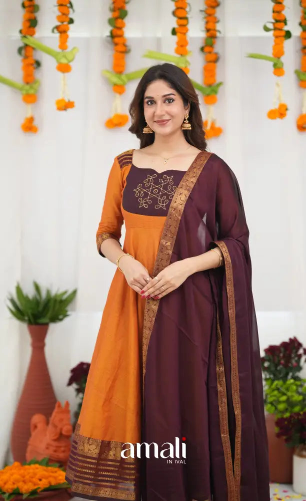 Chettinad Cotton Anarkali - Orange and Deep Wine Anarkalis