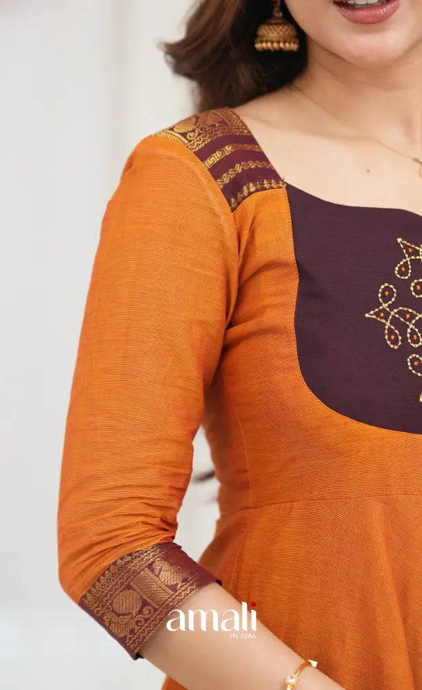 Chettinad Cotton Anarkali - Orange and Deep Wine Anarkalis