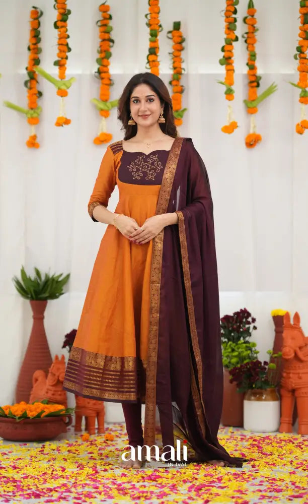 Chettinad Cotton Anarkali - Orange and Deep Wine Anarkalis