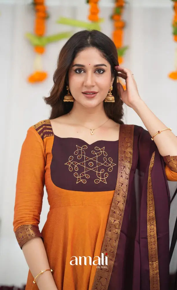 Chettinad Cotton Anarkali - Orange and Deep Wine Anarkalis