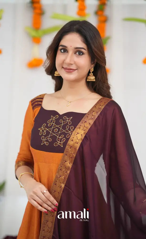 Chettinad Cotton Anarkali - Orange and Deep Wine Anarkalis