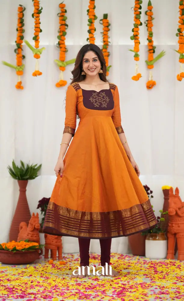 Chettinad Cotton Anarkali - Orange and Deep Wine Anarkalis