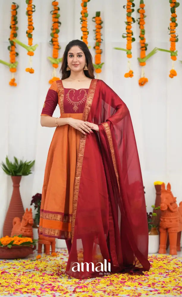 Chettinad Cotton Anarkali - Orange and Red Anarkalis