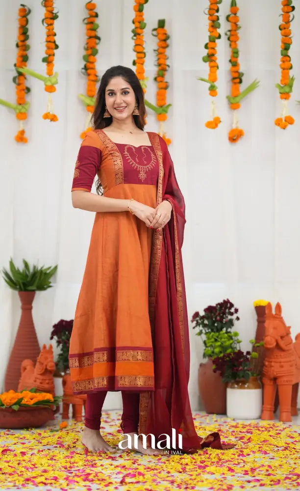 Chettinad Cotton Anarkali - Orange and Red Anarkalis