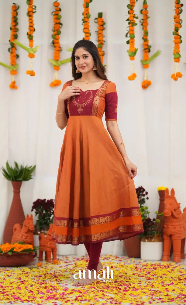 Chettinad Cotton Anarkali - Orange and Red Anarkalis