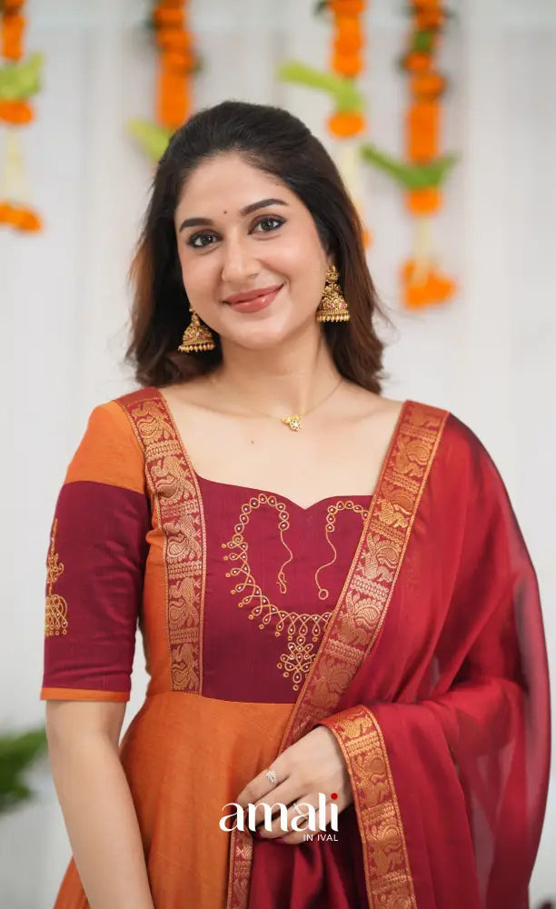 Chettinad Cotton Anarkali - Orange and Red Anarkalis