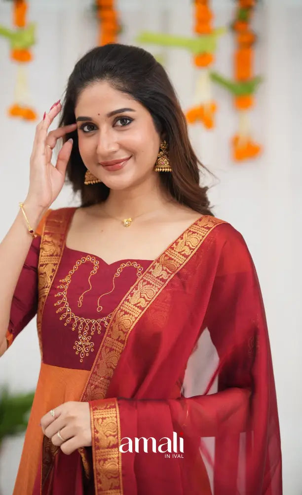 Chettinad Cotton Anarkali - Orange and Red Anarkalis