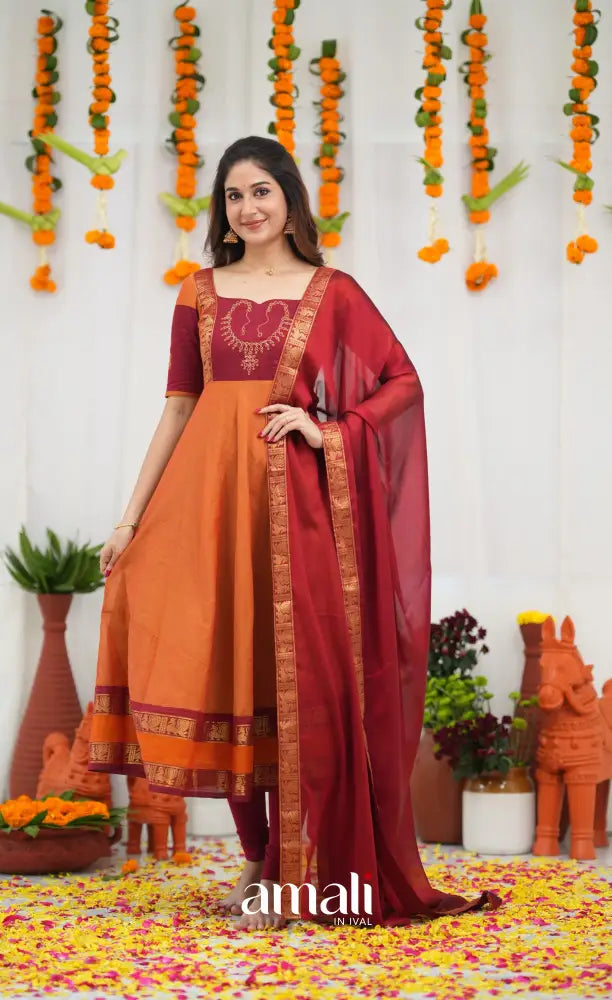 Chettinad Cotton Anarkali - Orange and Red Anarkalis