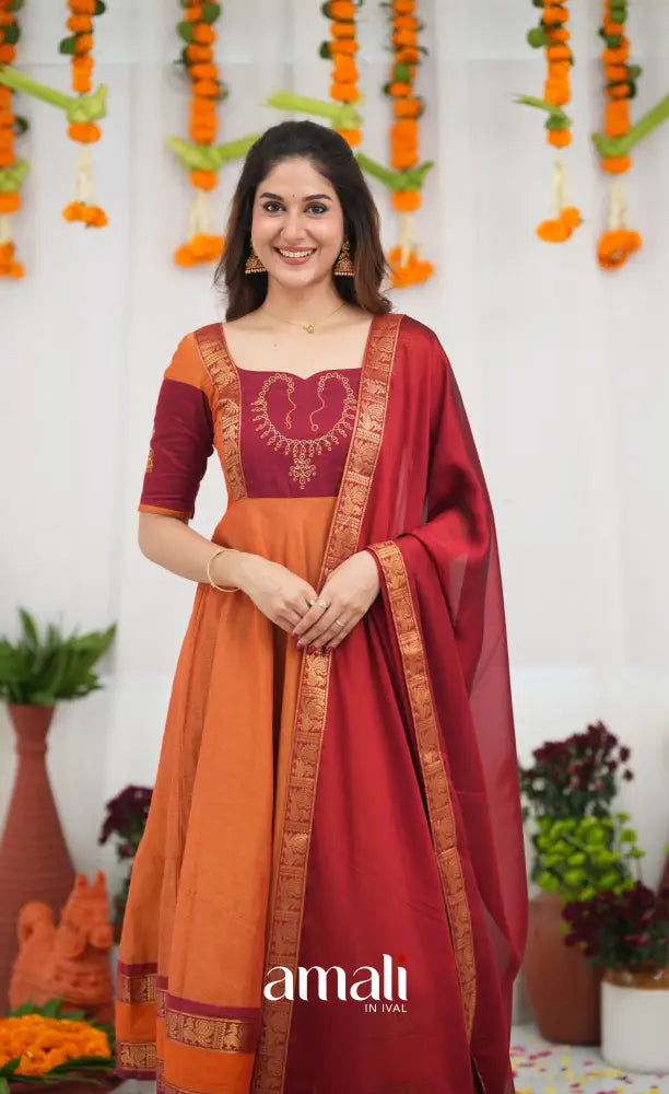 Chettinad Cotton Anarkali - Orange and Red Anarkalis