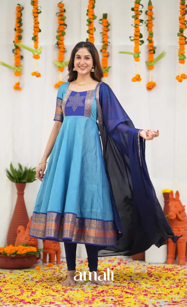 Chettinad Cotton Anarkali - Sky Blue and Dark Blue Anarkalis