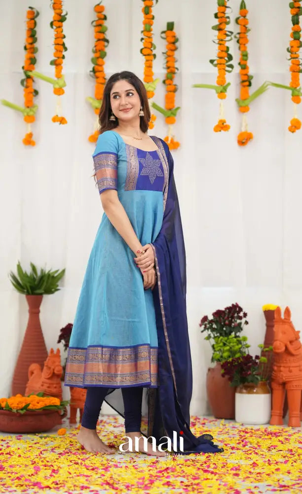 Chettinad Cotton Anarkali - Sky Blue and Dark Blue Anarkalis