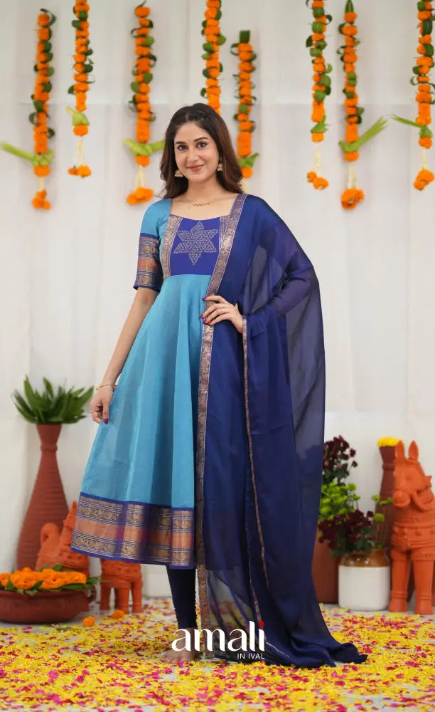 Chettinad Cotton Anarkali - Sky Blue and Dark Blue Anarkalis